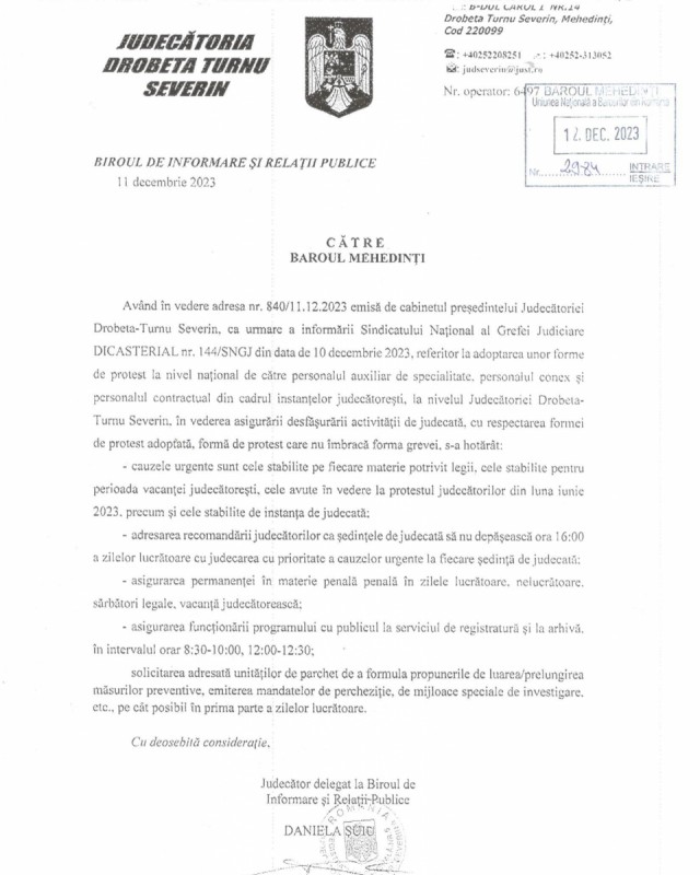Comunicare - Protestul grefierilor din cadrul Judecatoriei Dr. Tr. Severin
