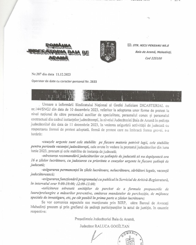 Comunicare - Protestul grefierilor din cadrul Judecatoriei Baia de Aramă